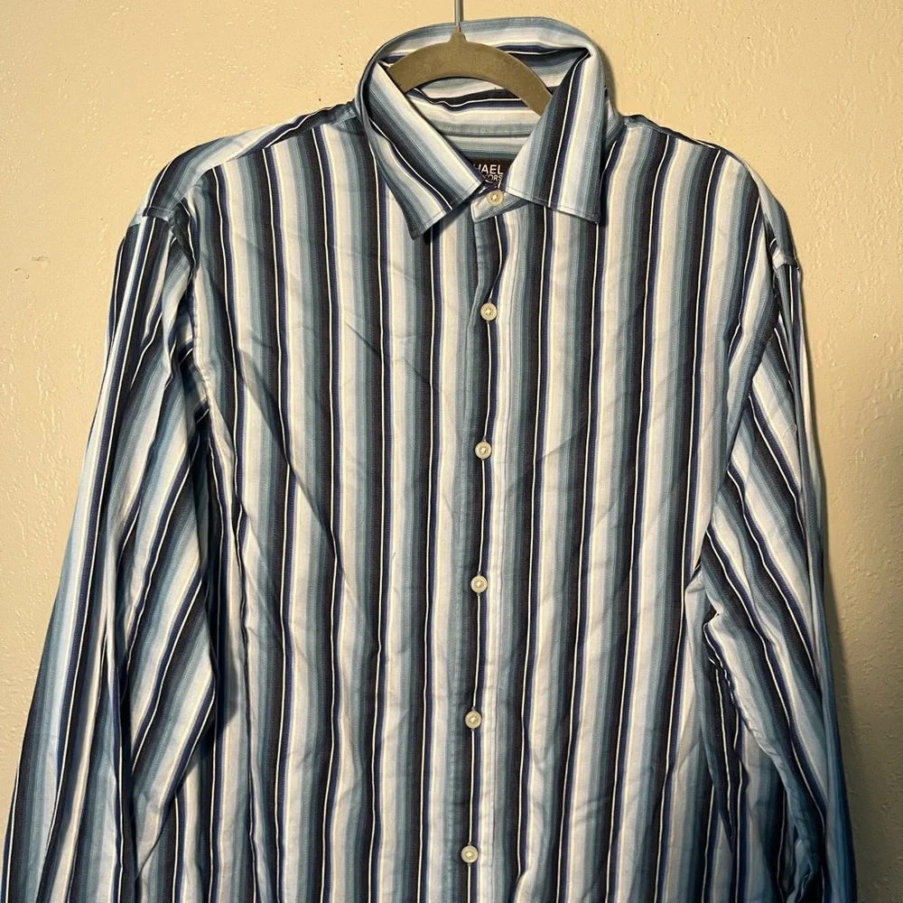 MICHAEL Michael Kors Blue White Stripe Casual Button Up Dress Shirt SZ L Cuffed - Picture 5 of 11